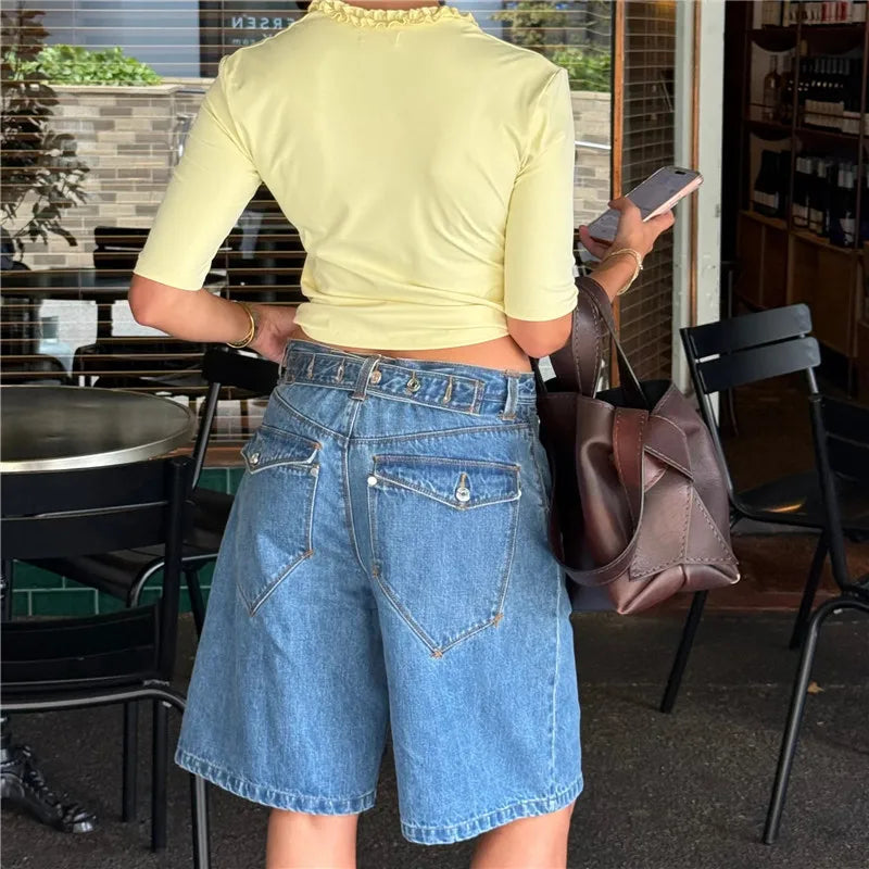AIERTU  -  Y2K Trendy High Waist Denim Jorts Adjustable Waist Buckle Detail Loose Fit Wide Leg Baggy Jean Shorts Summer Streetwear Outfit Aiertu