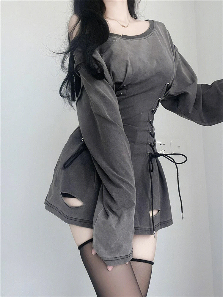 Aiertu New Fairycore Grunge Goth Corset Dress Women Aesthetic Harajuku Streetwear Bandage Slim Bodycon Dress Y2k 90s Indie Clothes Aiertu