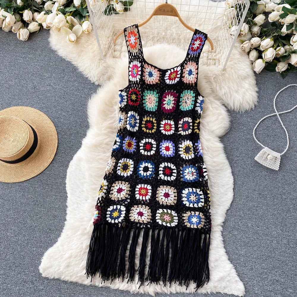 Aiertu Sunmmer Knitted Dress Hook Flower Hollow Out Tassel Women Slim Streetwear Original Design Fashion Vintage Dress Aiertu