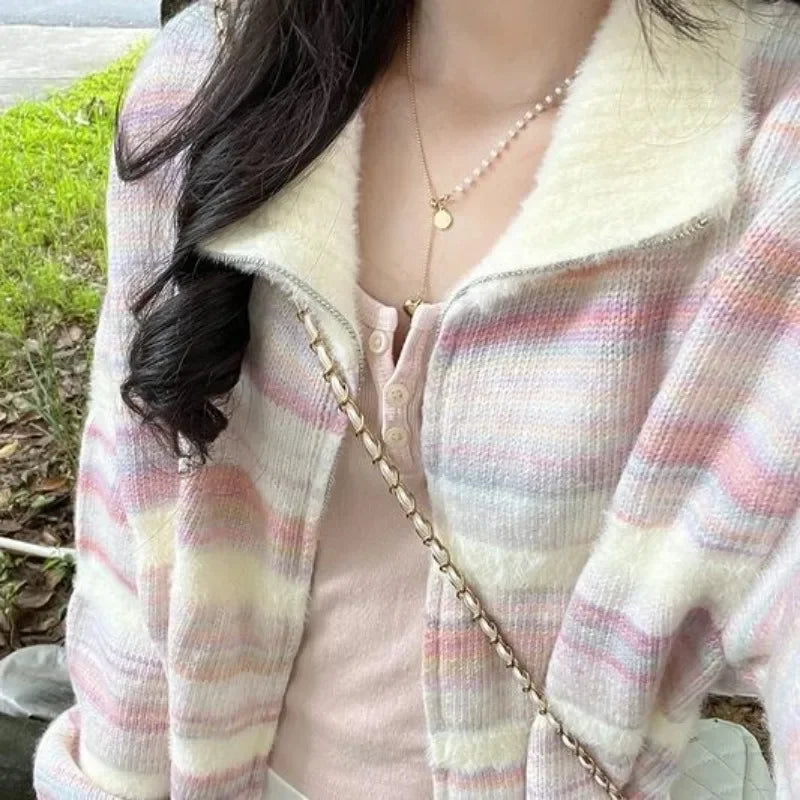 Autumn Chic Fashion Rainbow Striped Turn Down Collar Women Sweater Contrast Color Sweet Knitted Cardigan Tops Mujer Aiertu