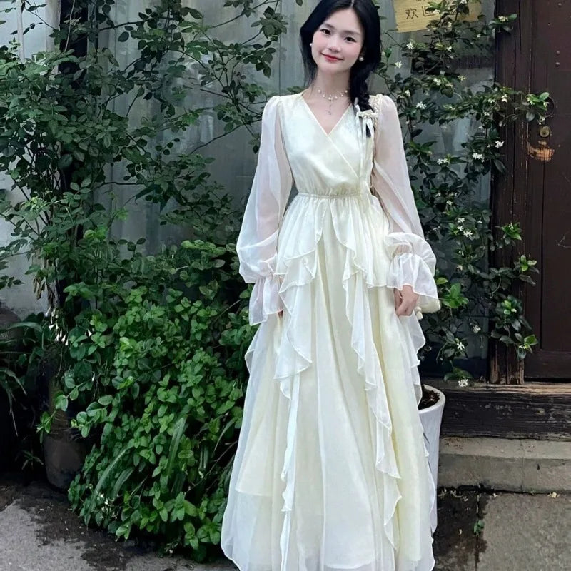 AIERTU  -  Spring/summer Women's New Milky White French First Love Long Skirt Fairy Skirt Gentle Style V-neck Slimming Drape Dress Aiertu