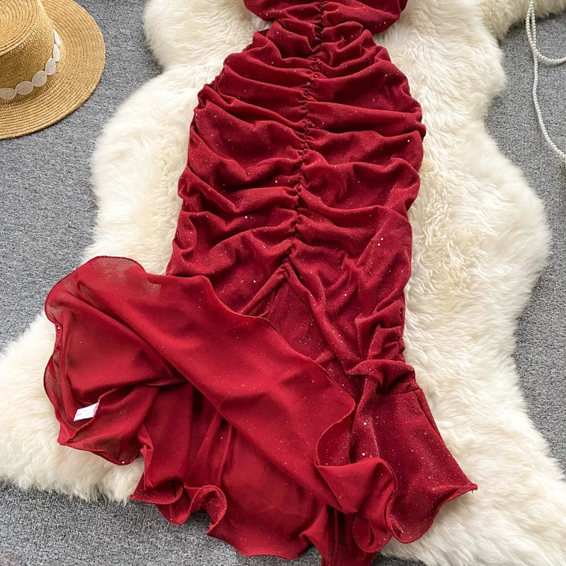 Aiertu  Evening Party Women Mermaid Dress Summer Ruched Backless Sexy Elegant Ladies French Style Solid Long Dresses Aiertu