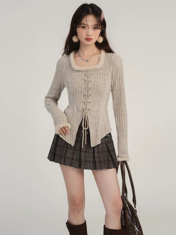Aiertu Bandage Drawstring Knitted Cardigan Women Autumn Winter Vintage Split Cardigans Korean Fashion Y2k Sweaters Bottoming Shirt Top Aiertu