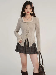 Aiertu Bandage Drawstring Knitted Cardigan Women Autumn Winter Vintage Split Cardigans Korean Fashion Y2k Sweaters Bottoming Shirt Top Aiertu