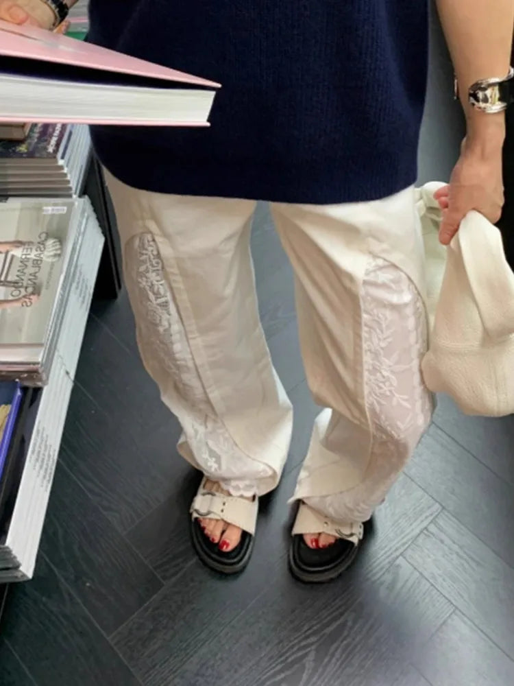 Aiertu New Bottoms Y2k Wide Leg Pants for Women Fashion Patchwork Lace White Trousers High Waist Straight Casual Summer Pantalon Femme Aiertu