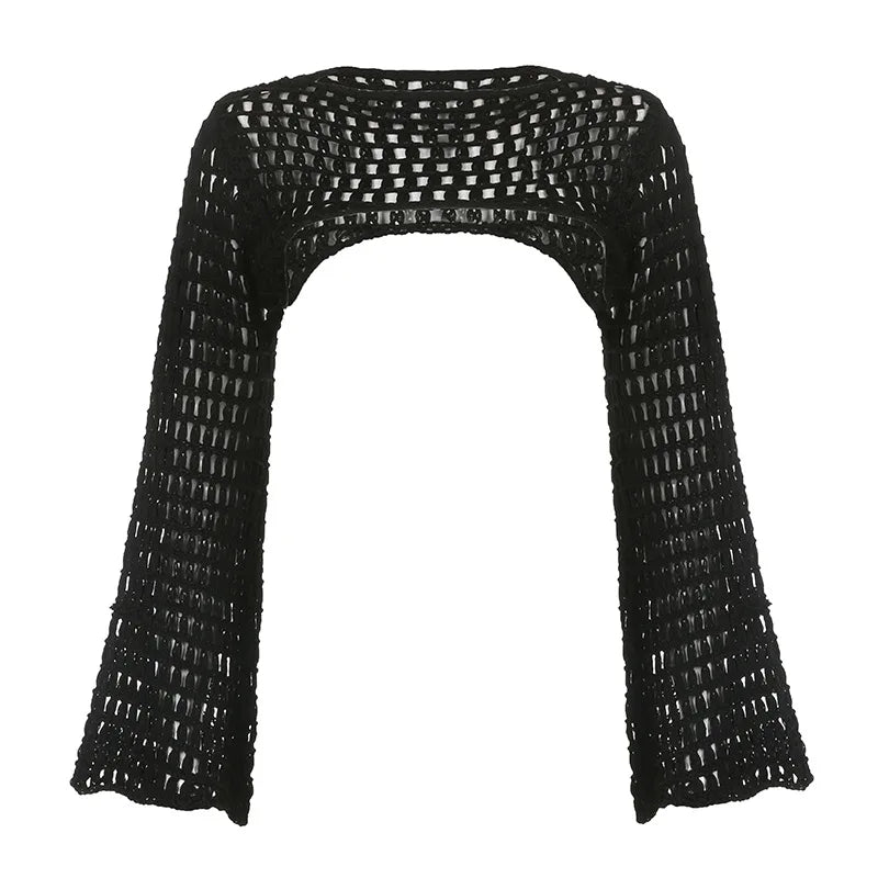 Aiertu Women Y2k Crochet Knit Hollow Out Crop Top Long Flared Sleeve Shrug Sweater Mesh Cover Ups Cardigan Streetwear Pullover Women Aiertu
