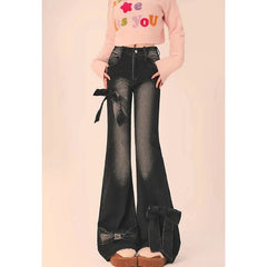 Aiertu Women's Black Gothic Bow Flare Jeans Harajuku Aesthetic Y2k Denim Trousers High Waist Cowboy Pants Vintage 2000s Trashy Clothes Aiertu