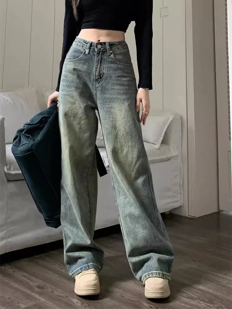 Aiertu  Vintage Washing Y2k Baggy Denim Pants Women  2024 Spring Fashion High Waist Wide Leg Jeans Trouser Casual Streetwear Aiertu
