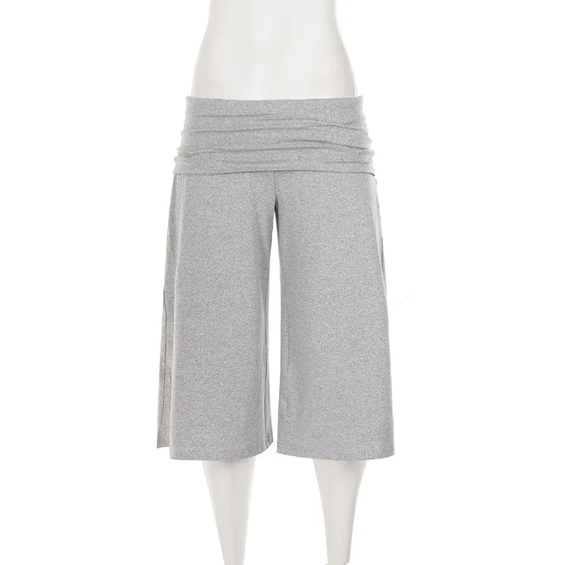 AIERTU  -  Women's Pleated High Waist Casual Solid Color Midi Flare Pants Y2K Overlap Summer Loose Fit Loungewear Bottoms Aiertu