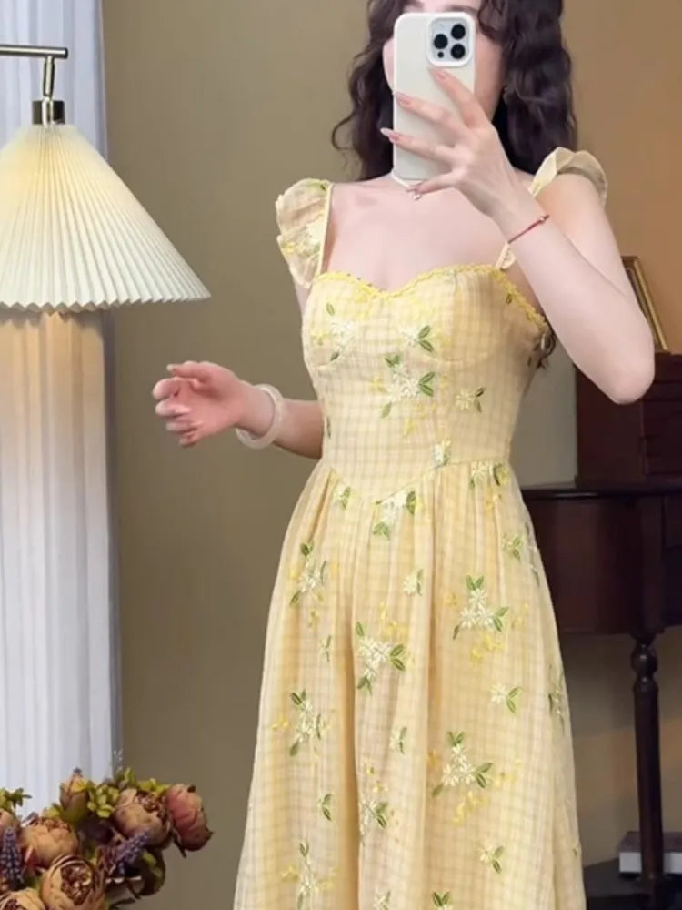 Aiertu French Floral Printed Midi Dresses for Women Summer New Holiday Beach Style Spaghetti Strap Party Dress Prom Robe Aiertu