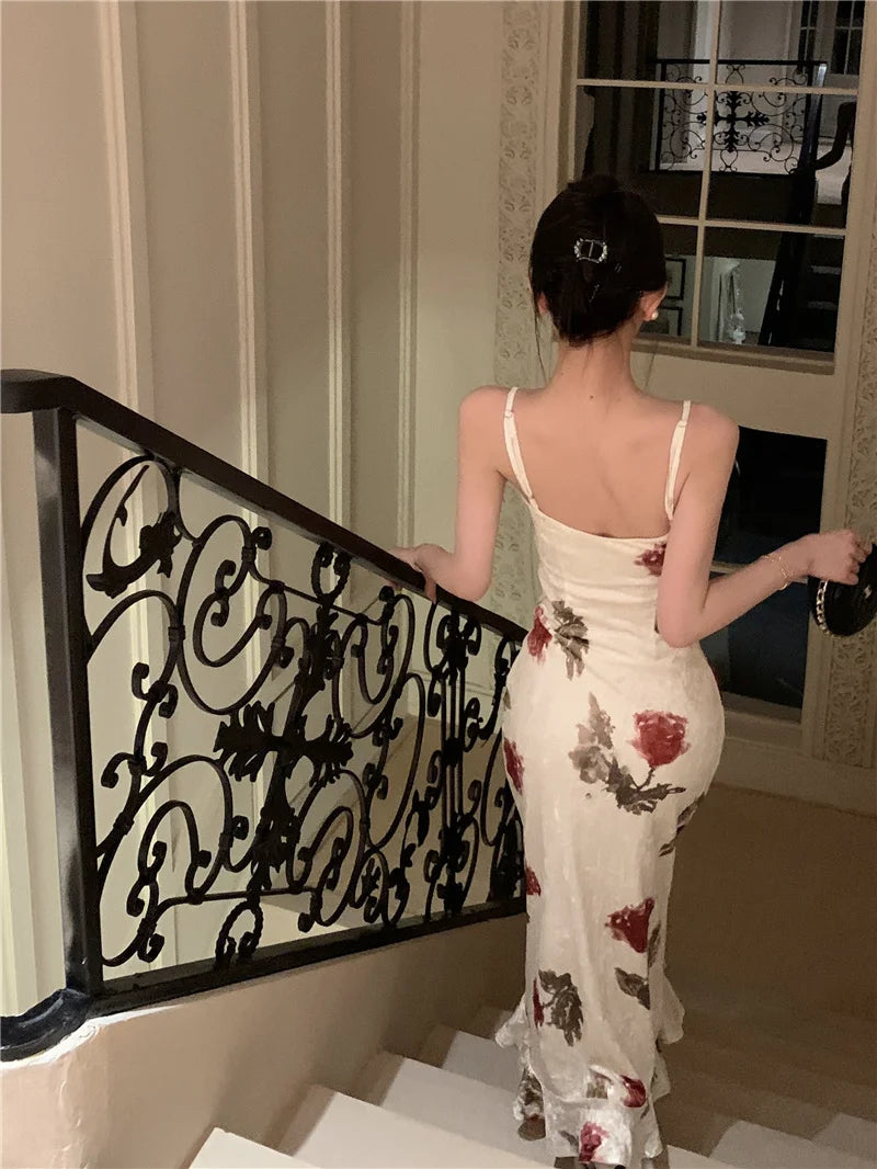Aiertu Spring Summer Fashion Elegant Floral Print Women Dress Spaghetti Strap Vintage Slim Bodycon Casual Robe Female Party Vestidos Aiertu