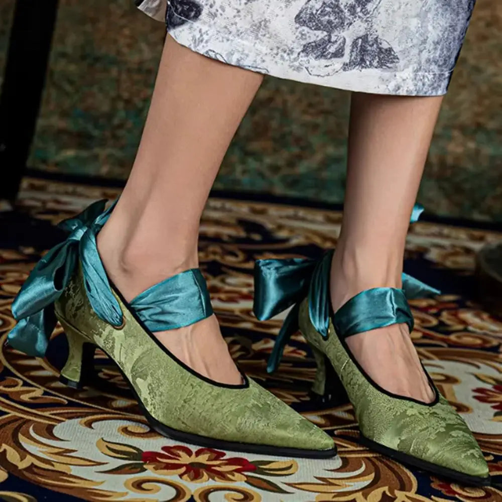 AIERTU  -  New Green Satin Pointed-Toe Pumps with Oversized Satin Bow Lace-Up Design Elegant Kitten Heel Fashion Low-Cut Mary Jane Aiertu