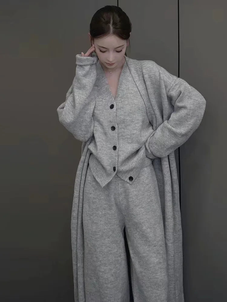 Aiertu New Autumn Winter Women Knitted Three Piece Set Cardigan Sweater + Single Breasted Vest Tops And Wide Leg Pants Fashion Elegant Aiertu