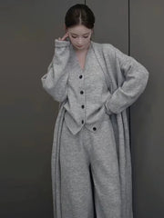 Aiertu New Autumn Winter Women Knitted Three Piece Set Cardigan Sweater + Single Breasted Vest Tops And Wide Leg Pants Fashion Elegant Aiertu