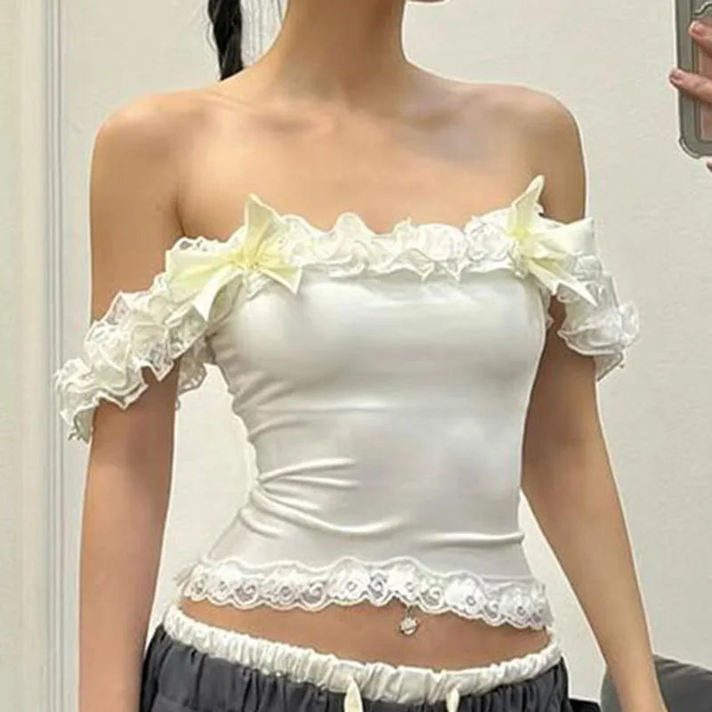 Aesthetic Cute Bow Trim Crop Tops Women Ruffle Lace Tank Tops Casual Summer Off Shoulder Vest Sleeveless Shirt Y2K Streetwear Aiertu