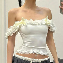 Aesthetic Cute Bow Trim Crop Tops Women Ruffle Lace Tank Tops Casual Summer Off Shoulder Vest Sleeveless Shirt Y2K Streetwear Aiertu