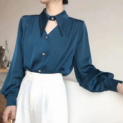 Aiertu Casual Shirts Women Fashion Romantic Solid Soft V-Neck Streetwear Spring All-match Hollow Out Retro European Style Simple Design aiertu