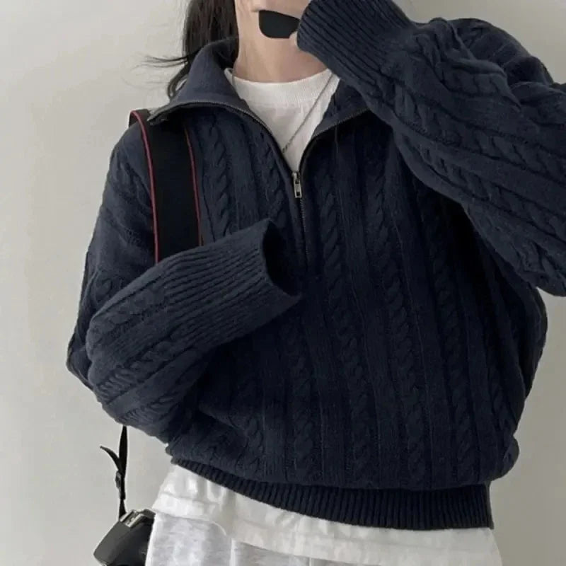 Korean Fashion Half Zipper Sweaters Women Vintage Twisted Knitted Crop Pullover Casual Sueter Mujer Long Sleeve Tops Aiertu
