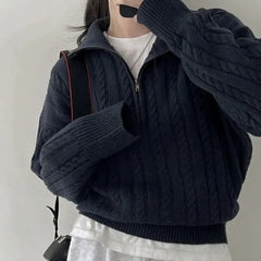Korean Fashion Half Zipper Sweaters Women Vintage Twisted Knitted Crop Pullover Casual Sueter Mujer Long Sleeve Tops Aiertu