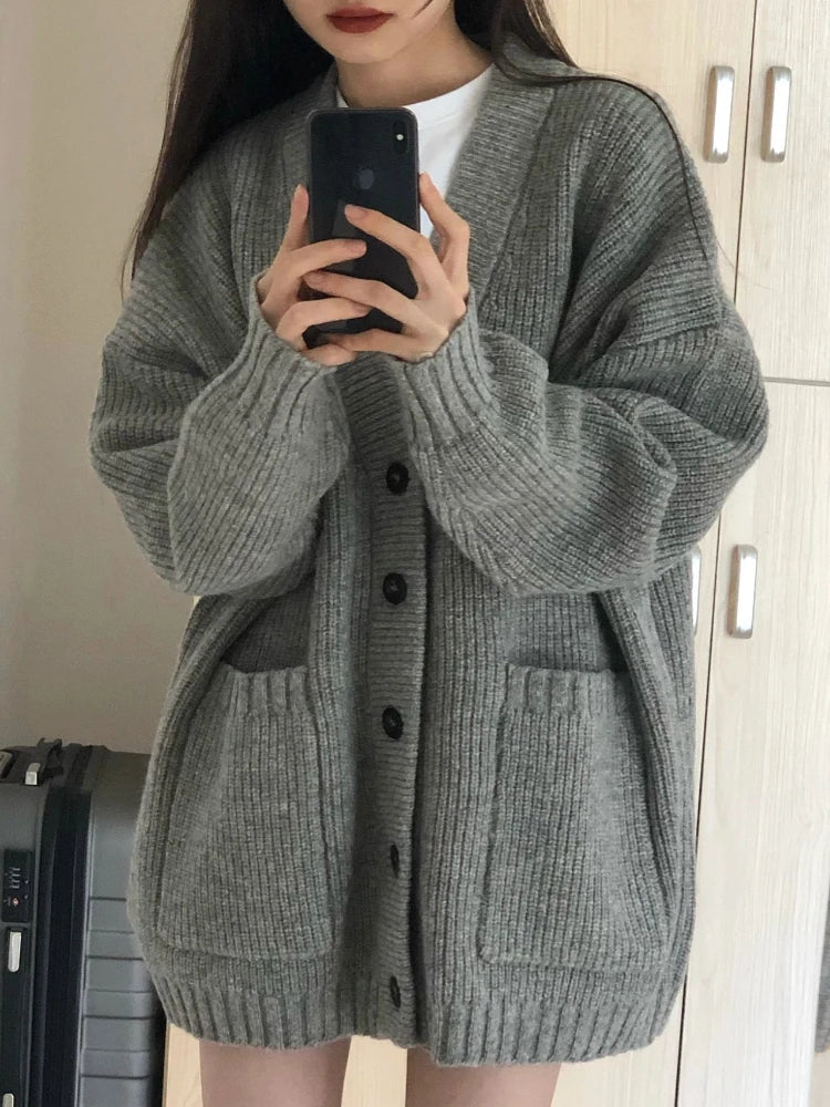 Aiertu Autumn Winter Women Cardigan Sweater Coats Fashion Female Long Sleeve V-neck Loose Knitted Jackets Casual Sweater Cardigans Aiertu