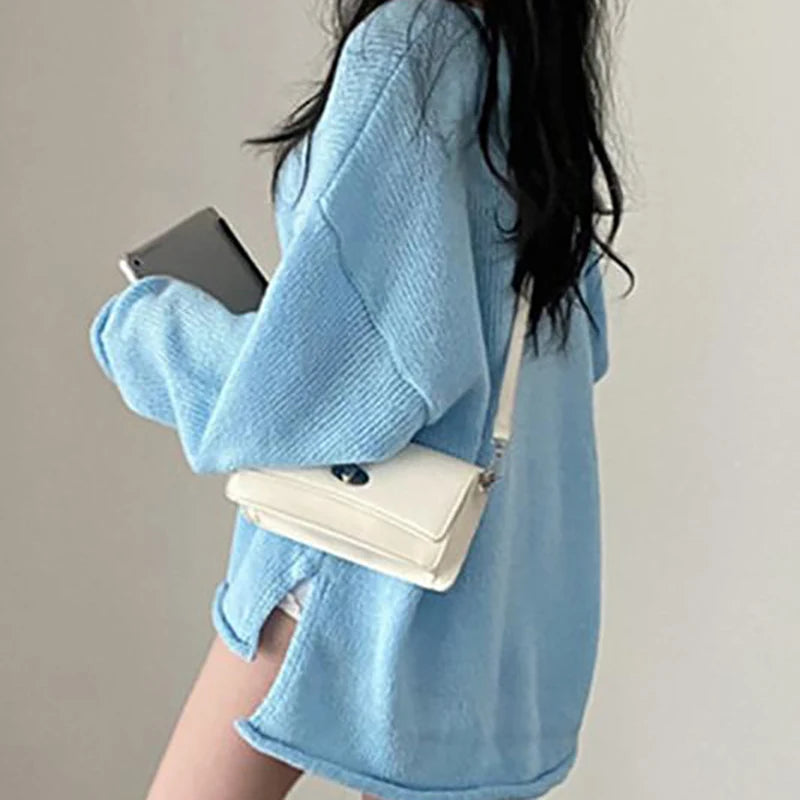 Autumn Winter Women Solid Casual Loose Warm Sweater V-Neck For Women Long Sleeve Split Irregular Jumpers Knit Pullovers Aiertu
