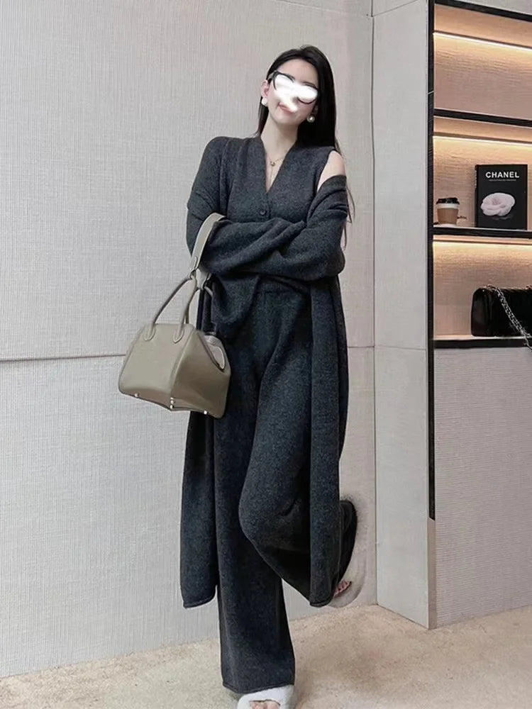 Aiertu New Autumn Winter Women Knitted Three Piece Set Cardigan Sweater + Single Breasted Vest Tops And Wide Leg Pants Fashion Elegant Aiertu