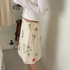 AIERTU  -  Summer Korean High Street Casual Mini Skirt Women's Botanical Floral Print Drawstring Tie Skirt Vintage Elegant Holiday Skirt Aiertu