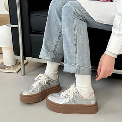 Aiertu 5cm Synthetic Leather Women Vulcanized High Brand Chunky Sneaker Casual Stable Shoes Platform Wedge Skate Boarding Shoes Aiertu