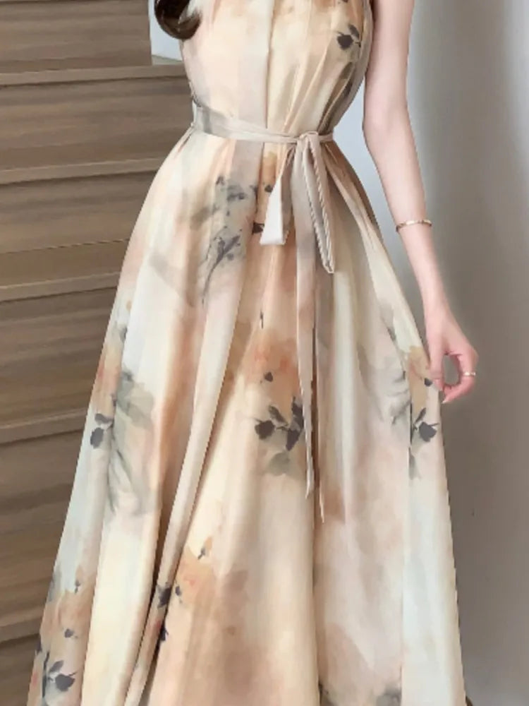 Aiertu Vintage Casual Floral Women Summer Dress Sleeveless Elegant A-Line Party Wedding Clothes Chic Belted Female Vestidos Mujers Aiertu