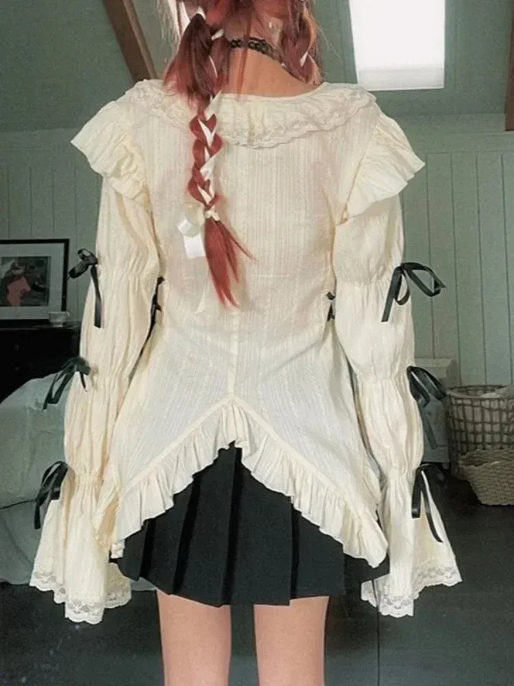 Aiertu Grunge Gothic Mall Goth Harajuku Y2k Aesthetics Lace Shirt Lolita Fairy Bandage Blouses 2024 Fashion Irregular Top Aiertu