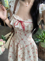 Aiertu Summer French Elegant Floral Midi Dress Beach Style Korean Fashion Lace Dress Evening Party Sexy Sleeveless Dress Woman Chic Aiertu