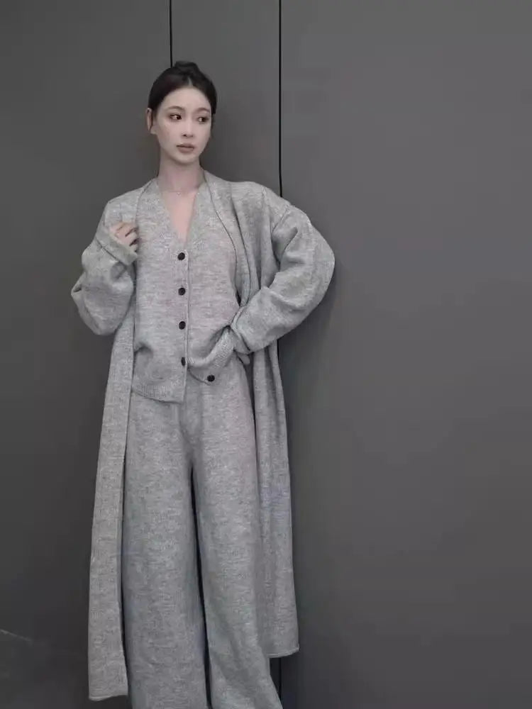 Aiertu New Autumn Winter Women Knitted Three Piece Set Cardigan Sweater + Single Breasted Vest Tops And Wide Leg Pants Fashion Elegant Aiertu