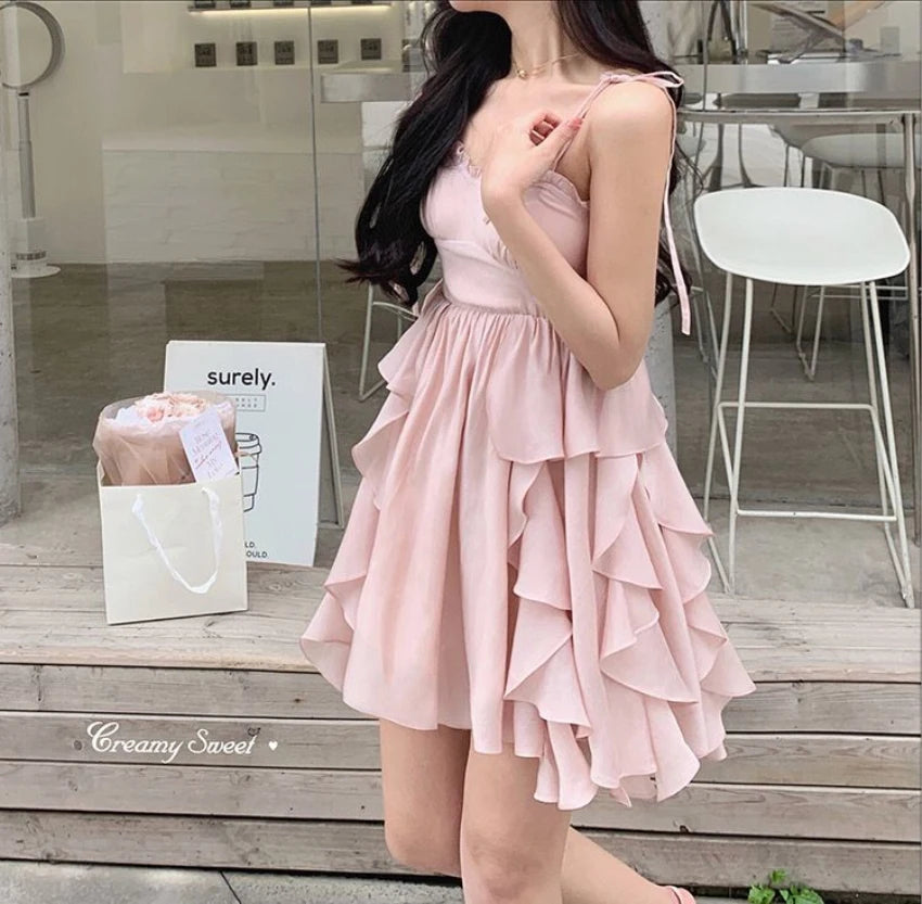 Aiertu Women's Sexy Mini Dress, Sleeveless, High Waist, Ruffle, Kawaii, Japanese, Young Girl, Casual Sundress, Summer, Aiertu