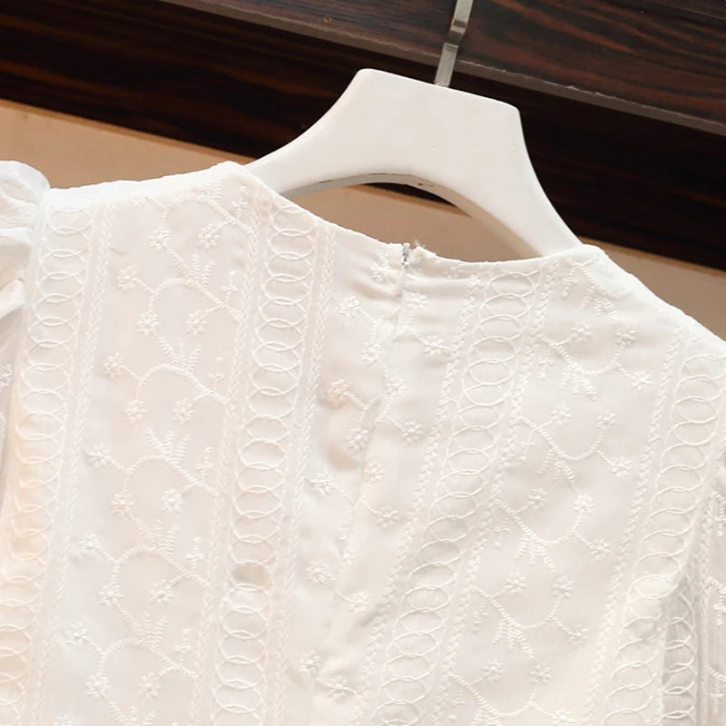 Aiertu Elegant V-neck Midi Dress Women Summer Puff Sleeve White Casual Party Dress Female Office Kawaii Lace One-piece Dress Korean Y2k Aiertu