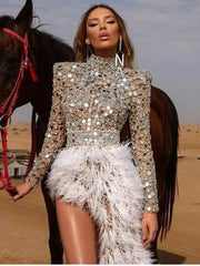 Aiertu Women Birthday Celebrate Wedding Bar Latin Dresses Dance Dress Sparkly Silver Sequins Feather Dress Aiertu