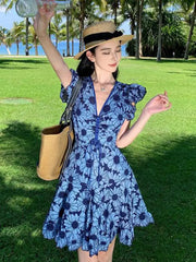 Aiertu Blue Daisy Flower Embroidery Hollow Out Dress Women Summer Flying Sleeve Lace Up Ladies Elegant Fashion Boho Holiday Mini Dress Aiertu