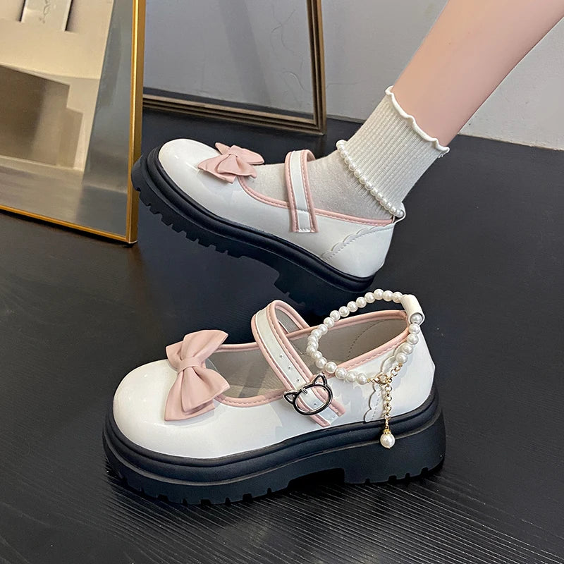 Aiertu Summer Female Shoes Fashion Mary Jane Shoes Round Head Band Heel Shoes Women Bow Pearl Square Heel Low-top Pumps Aiertu