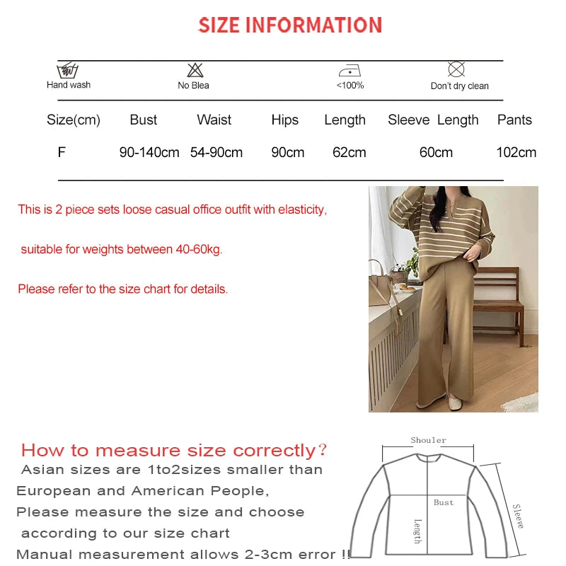 Women Casual Knit Two Piece Set Striped Long Sleeve Loose Pullover Sweater and Pants Fall Sets Office Winter Women Outfit Aiertu