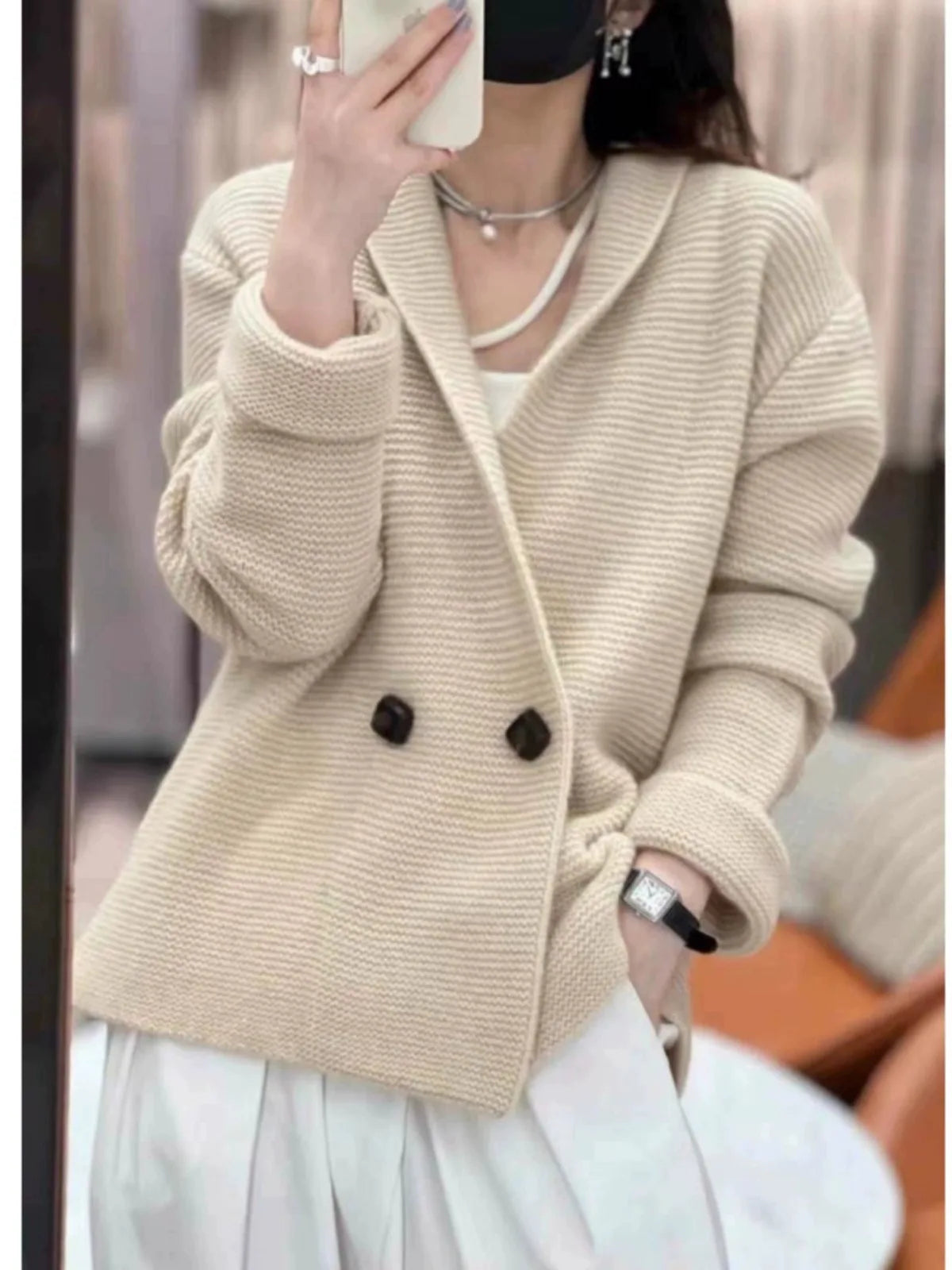 European 100% cashmere knitted cardigan coat Female autumn and winter temperament  loose wool sweater coat Aiertu