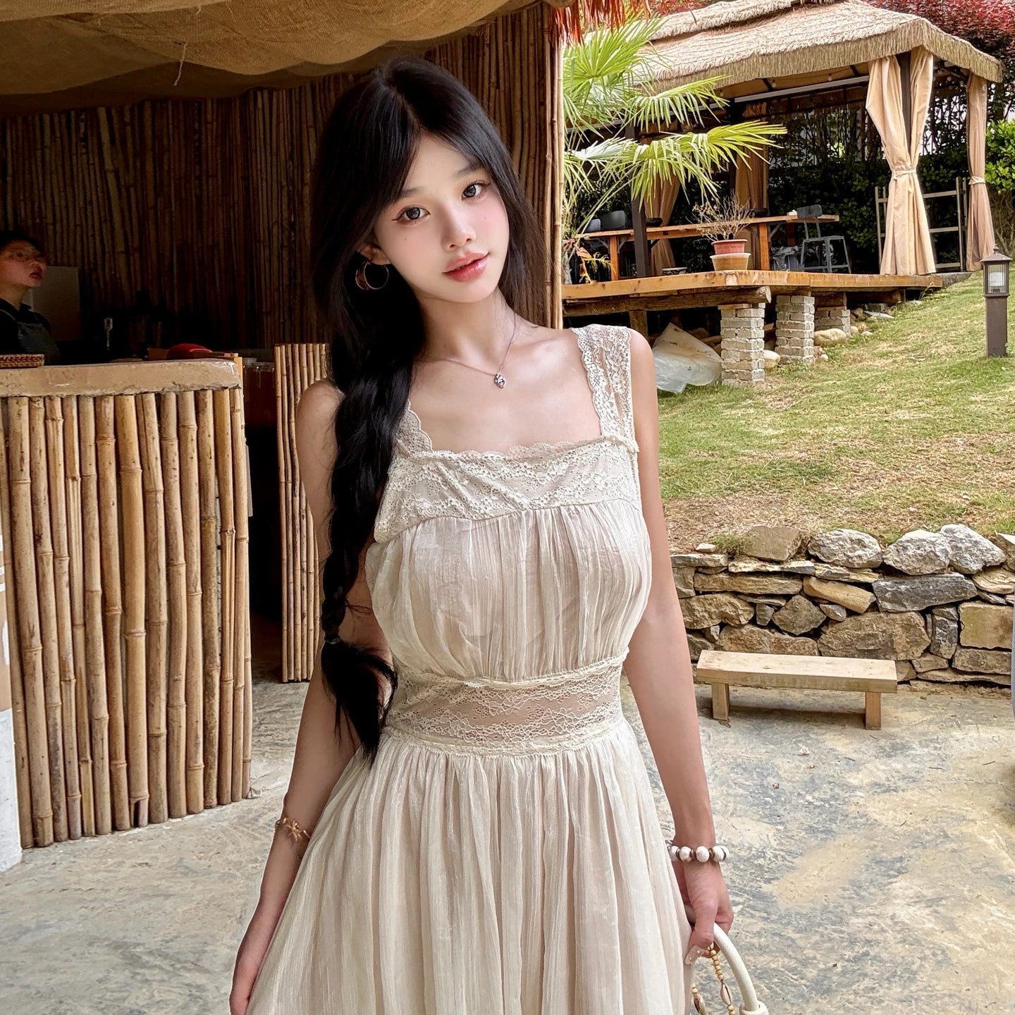 AIERTU  -  Summer French Elegant Vintage Party Dress Backless Sexy Lace Cinched Waist Spaghetti Strap Dress Chic Beach Vacation Long Dress Aiertu
