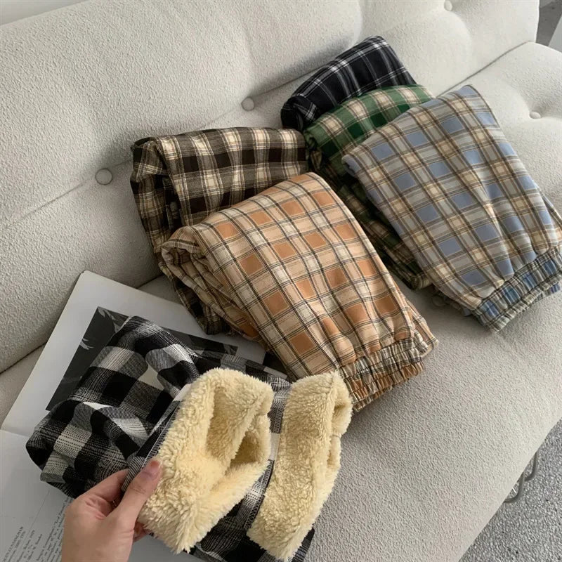 Aiertu Fashion Warm Plush Pants Cashmere Thick Plaid Ladies Winter Casual Loose Wide-legged Pants Korean Streetwear Students Aiertu
