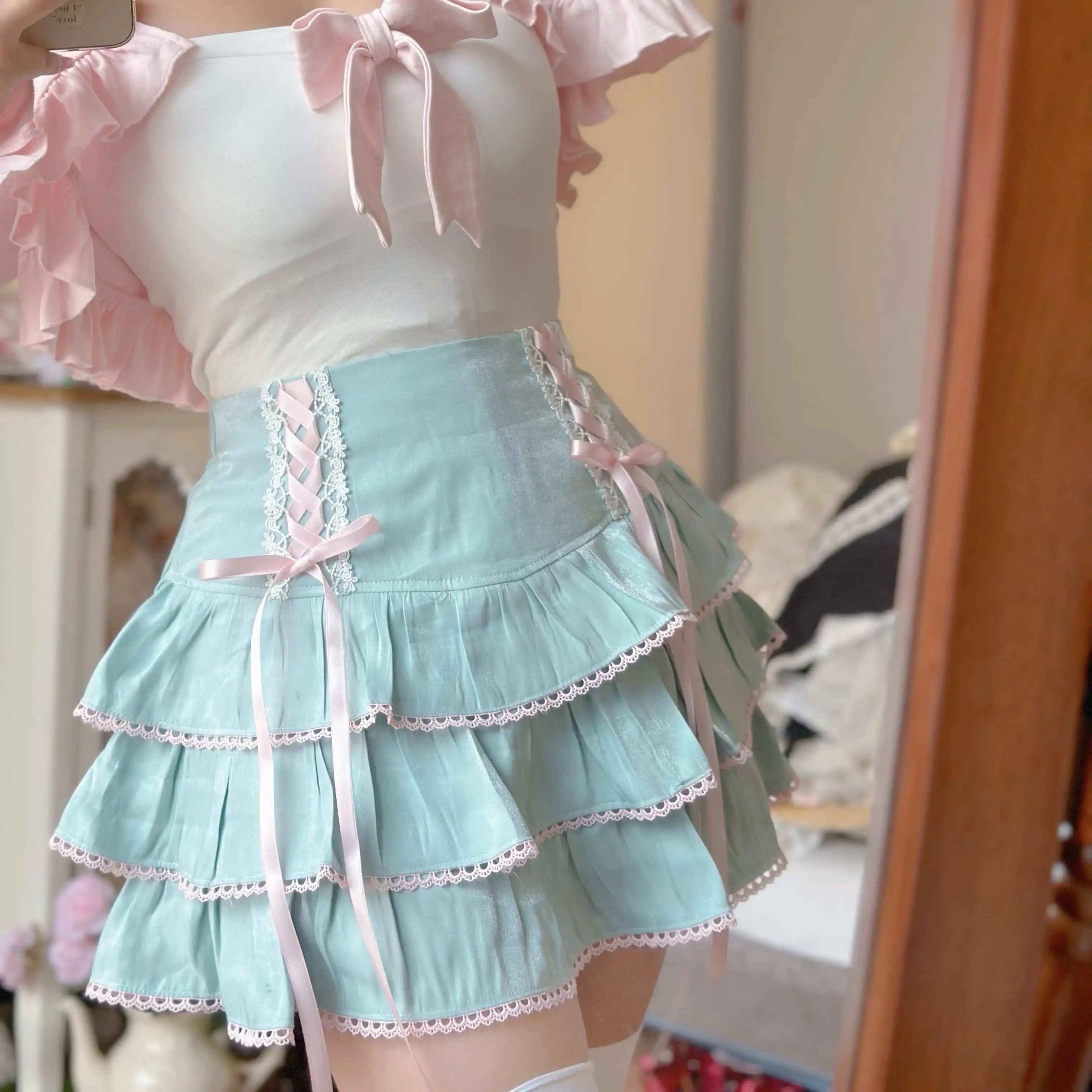 Lolita Tiered Mini Skirt Women Skorts Kawaii Layered Ruffle High Waist Lace Up A Line Cute Skirts for Teen Girls Aiertu