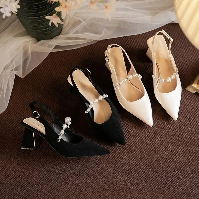 AIERTU  -  Elegant Pearl Embellished Pointed Toe High Heels Sandals Women's Fashionable Fairy Tale Style Back Strap Slip-On Party Shoes Aiertu