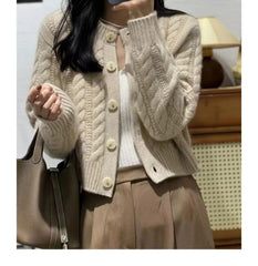 Women's Pure Cashmere Wool Sweater Round Neck Twists Short Cardigan Autumn Winter Casual Knit Top Female Thickened Warm Jacket Aiertu