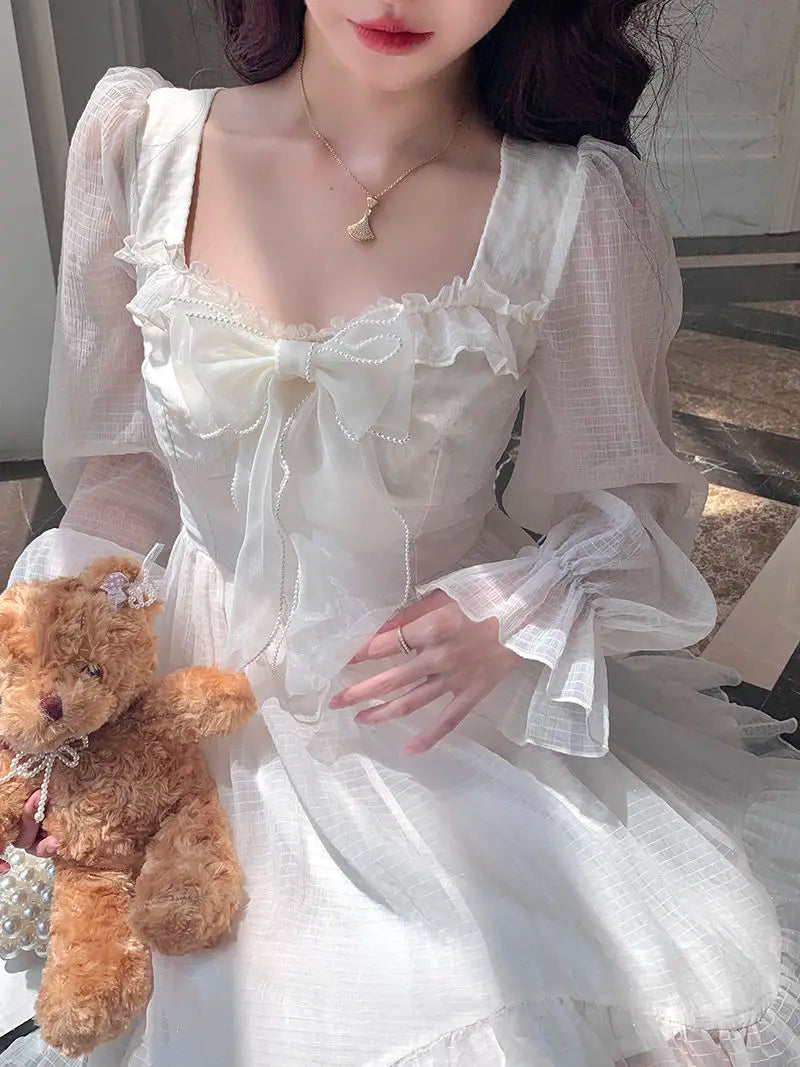 Aiertu White Kawaii Dress Women Chiffon Lolita Style Long Sleeve Mini Dresses Bow Fairy Robe Ruffles Patchwork Square Collar Aiertu