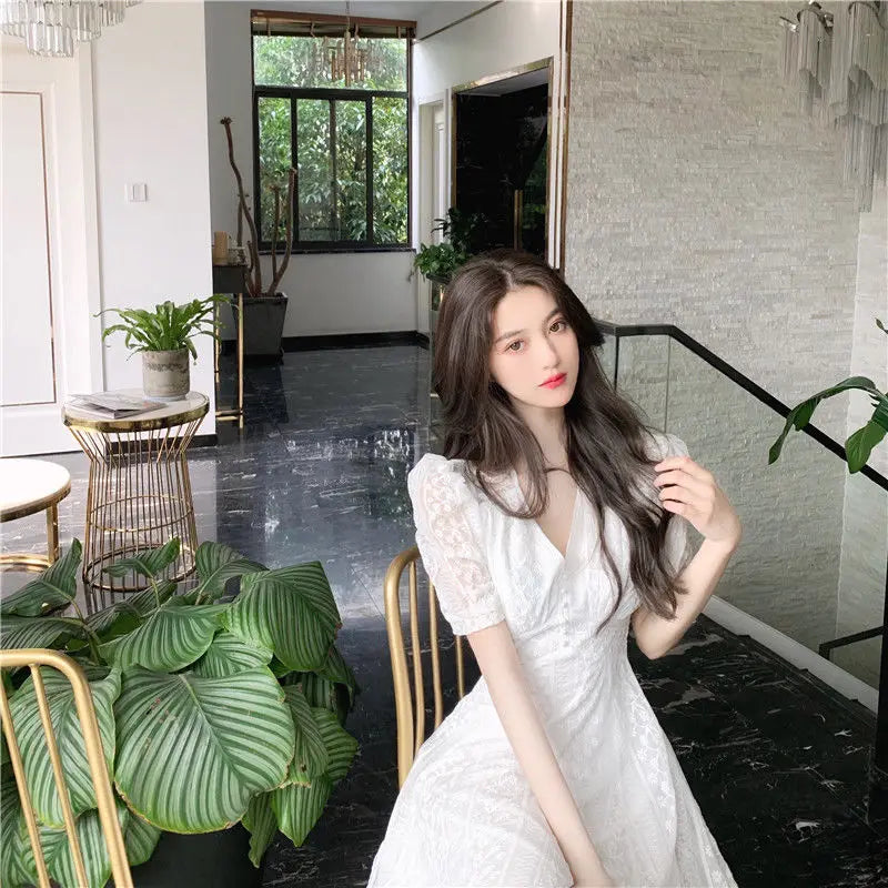 Aiertu Elegant V-neck Midi Dress Women Summer Puff Sleeve White Casual Party Dress Female Office Kawaii Lace One-piece Dress Korean Y2k Aiertu