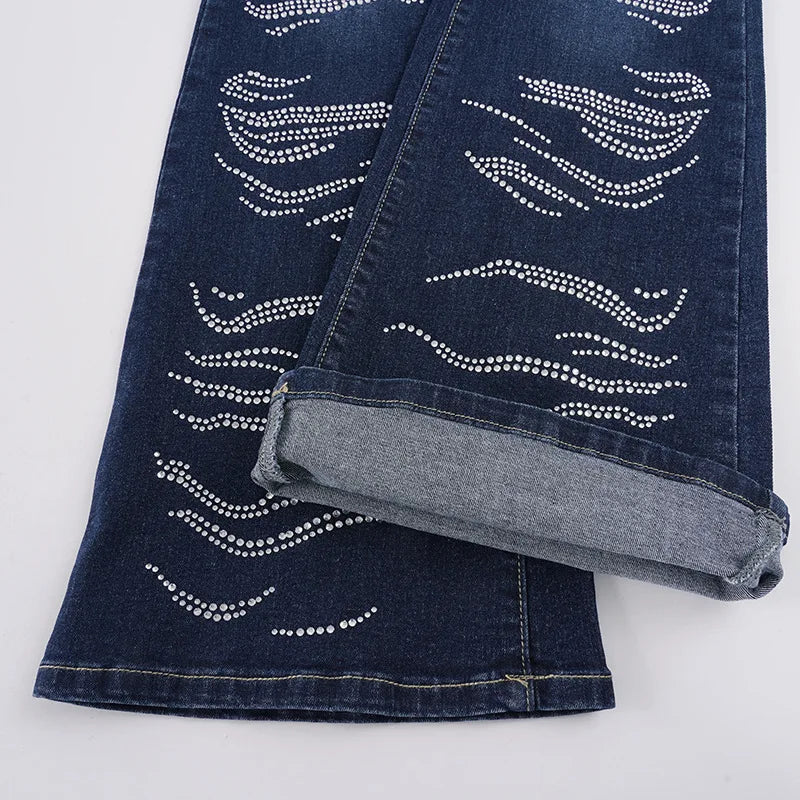 AIERTU  -  Women's Low Waist Flare Jeans Rhinestone Wave Pattern Bootcut Denim Pants Y2K Vintage Slim Fit Bell Trousers Streetwear Outfit Aiertu