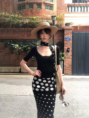 AIERTU  -  Sexy Wind Neck Streamer U-neck Polka Dot Short-sleeved T-shirt Summer New Female Slim Slim Top Fashion Two-piece Set Aiertu