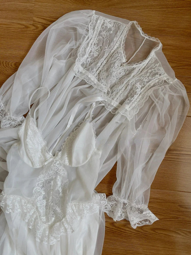 Aiertu Autumn White Fairy Vintage Sweet Dress Women Mesh Lace Sexy Casual Korean Dress Female Patchwork Designer Princess Dresses Aiertu