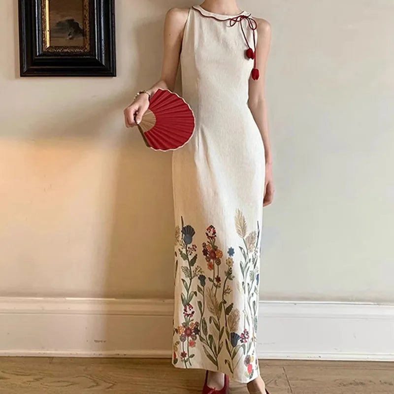 AIERTU  -  Women Dress New Chinese Style Printed Cheongsam Design Round Neck Tie Up Sleeveless Slim Fit Artistic Eetro Texture Long Dresses Aiertu